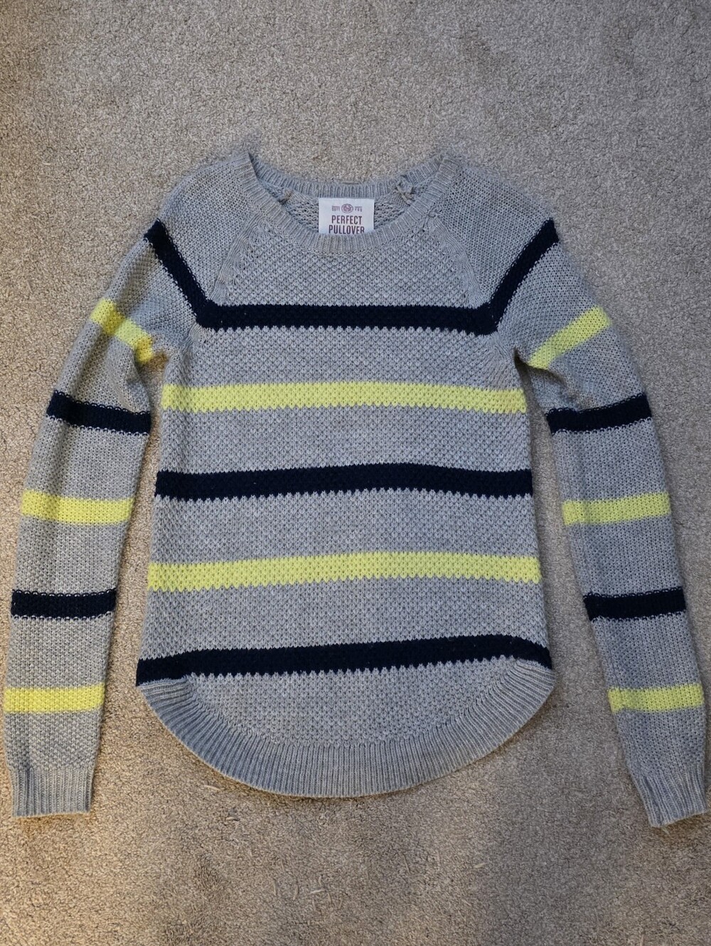Women's Gray Stripe Knit Sweater with Neon Yellow & Navy, Size M